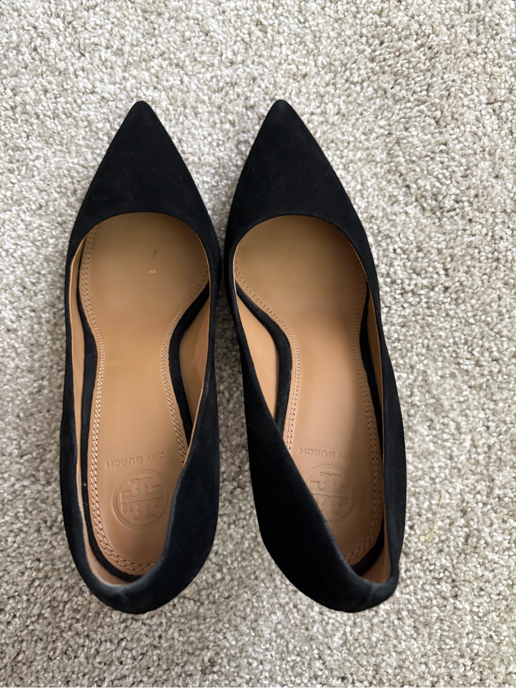 Tory Burch Black Pointed Suede Heels With Tan Insole